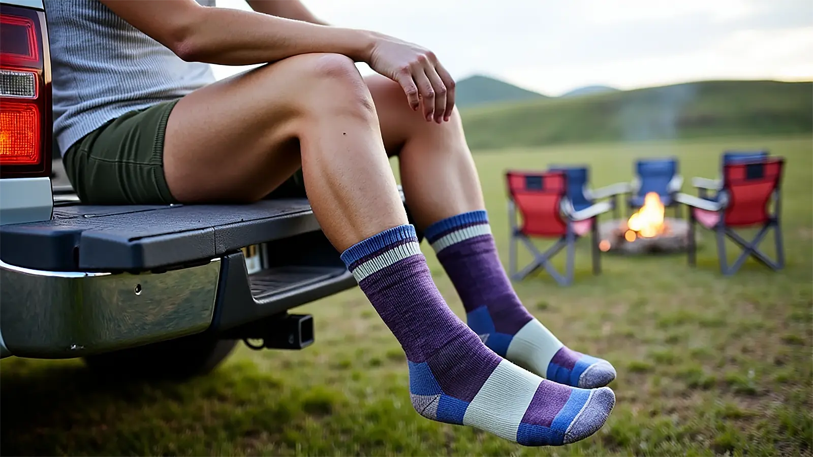 NEW Merino Hiker Socks hanging off the end of a truck tailgate